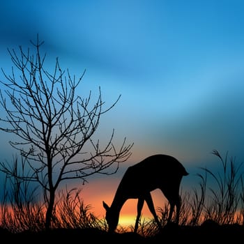 silhouette view of a deer eating grass