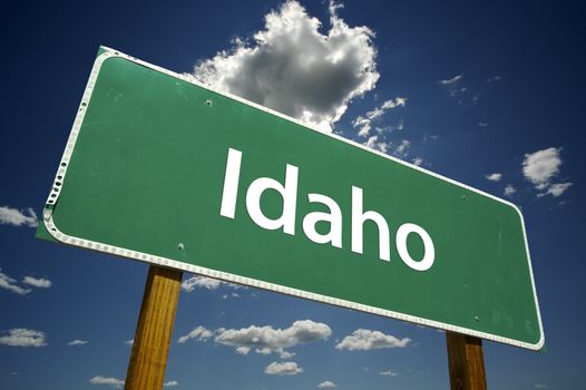 Idaho Road Sign with dramatic clouds and sky.