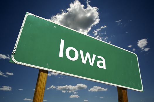 Iowa Road Sign with dramatic clouds and sky.
