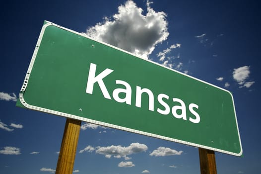 Kansas Road Sign with dramatic clouds and sky.