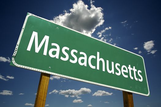 Massachusetts Road Sign with dramatic clouds and sky.