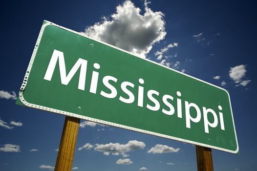 Mississippi Road Sign with dramatic clouds and sky.