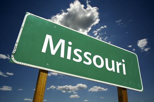 Missouri Road Sign with dramatic clouds and sky.