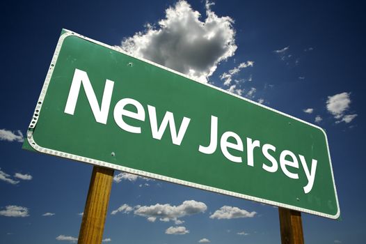 New Jersey Road Sign with dramatic clouds and sky.