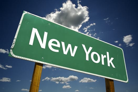 New York Road Sign with dramatic clouds and sky.
