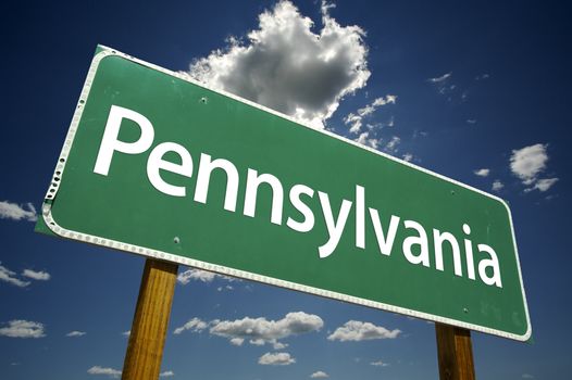 Pennsylvania Road Sign with dramatic clouds and sky.