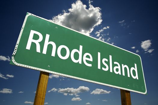 Rhode Island Road Sign with dramatic clouds and sky.