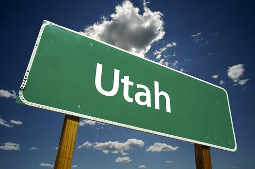 Utah Road Sign with dramatic clouds and sky.