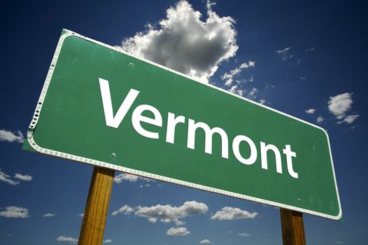 Vermont Road Sign with dramatic clouds and sky.