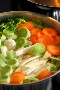 A large pot of vegetable soup boiling on top of a stove.  Focus is across the middle of image.
