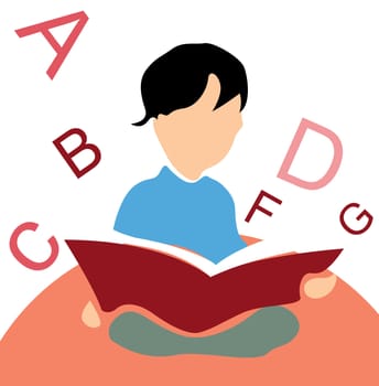 kid reading a book, white background with alphabets
