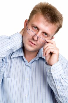 serious man with glasses on a white background.