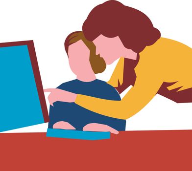 mother teaching kid about computer studies