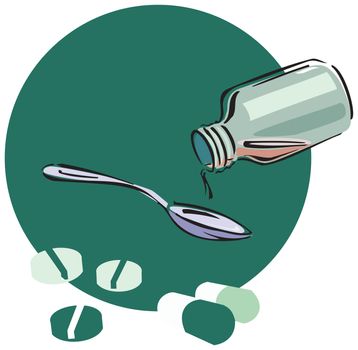 view of syrup pouring into a spoon from a bottle and capsules