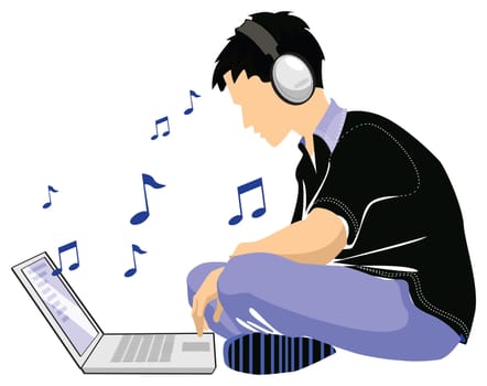 boy listening to music fromlasptop using headphones 
