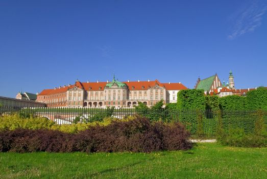 Riverside view of the Royal Palace in Warsaw. Summer time, morning light.