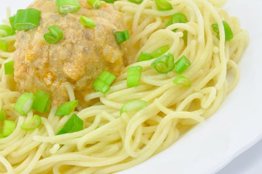 Spaghetti with Chicken Meatball and Spring Onions on White Plate Isolated Close-Up