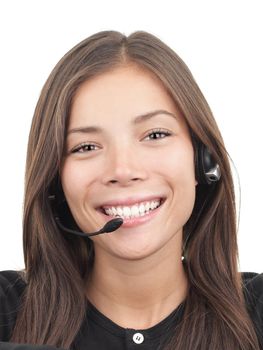 Headset woman from call center on white background. Mixed race chinese / caucasian model.