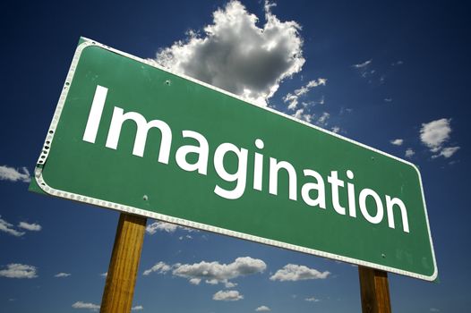 Imagination Road Sign with dramatic clouds and sky.