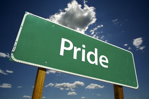 Pride Road Sign with dramatic clouds and sky.