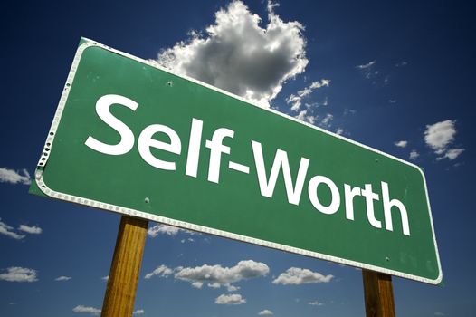 Self-Worth Road Sign with dramatic clouds and sky.