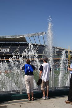 Famous fountains at the Royals recently remodeled home ballpark on a sunny afternoon
