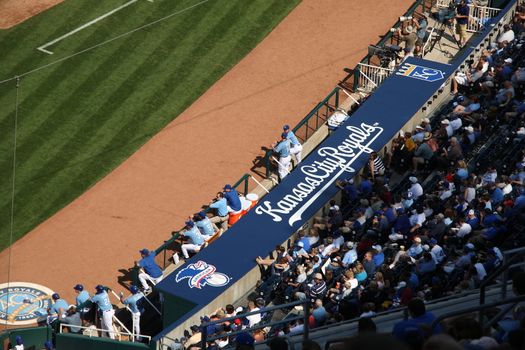 The Royals dugout at their recently remodeled home ballpark on a sunny afternoon