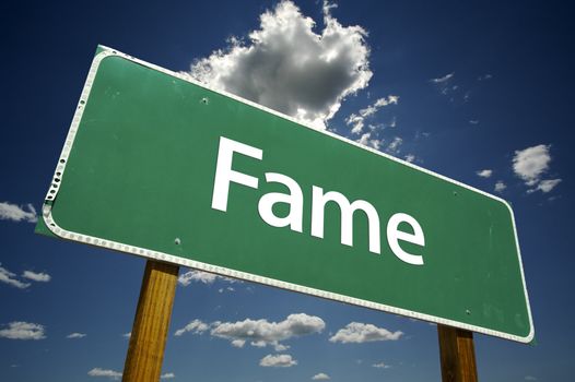 Fame Road Sign with dramatic clouds and sky.