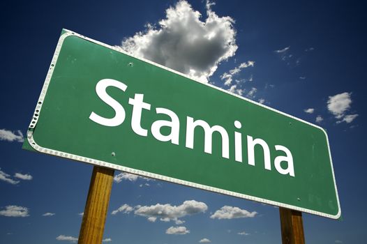 Stamina Road Sign with dramatic clouds and sky.