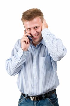 smiling man with mobile phone on a white background