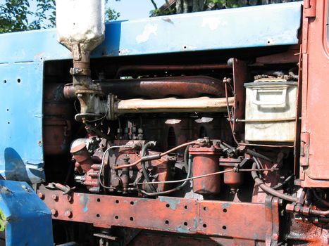 Old russian tractor engines close-up.