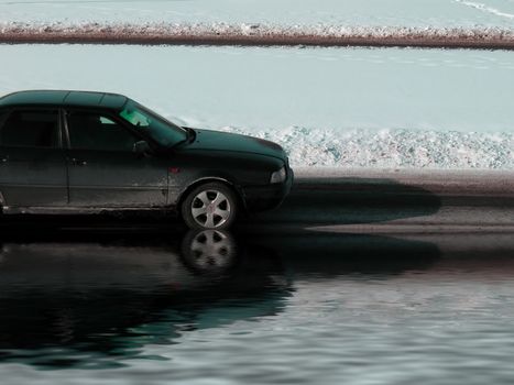 Flood. European car in water