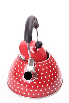 A red teakettle with white dots, isolated on white background