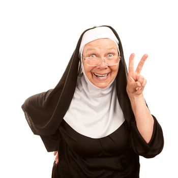 Funny nun on white background making peace sign