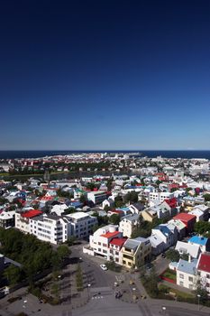 Aerial photo of Reykjavik city overlooking the downtown area and pond - Plenty of copy space