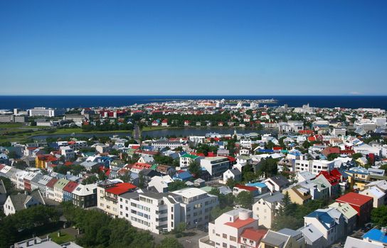 Aerial view of downtown Reykjavik looking towards the reykavik pond