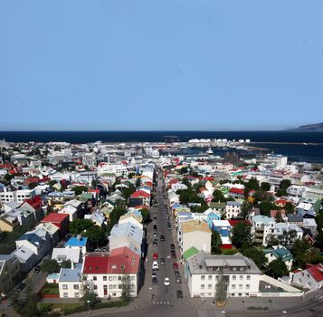 Aerial Photo of downtown Reykjavik capital of Iceland - shot with a wide angle lense