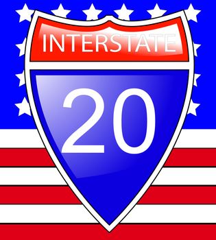 The interstate sign symbol with the American flag behind it.