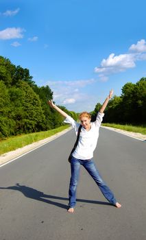 joyful woman on the empty road