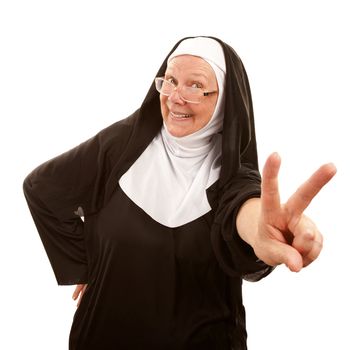 Funny nun making peace sign with her hand
