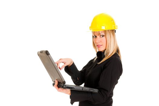 A businesswoman with notebook on white background