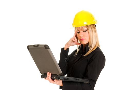 A businesswoman with notebook on white background