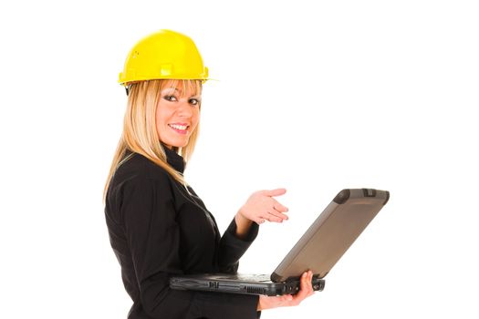 A businesswoman with notebook on white background