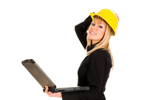 A businesswoman with notebook on white background