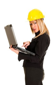 A businesswoman with notebook on white background