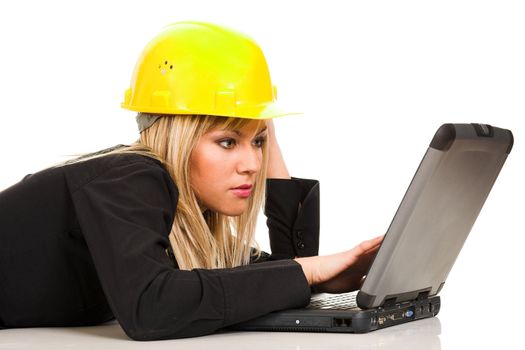 A businesswoman with notebook on white background