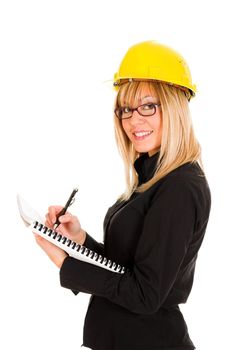 A businesswoman with documents and pencil on white background