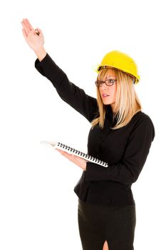 A businesswoman with documents and pencil on white background