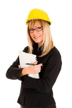 A businesswoman with documents and pencil on white background