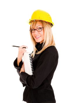 A businesswoman with documents and pencil on white background